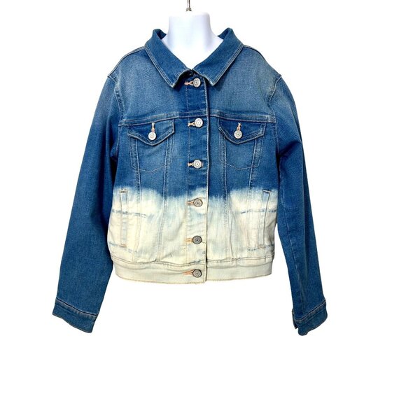 Old Navy Girls Denim Jacket Tie Dyed Ombré Blue L 10-12 Buttons Collar Pockets - Picture 1 of 11